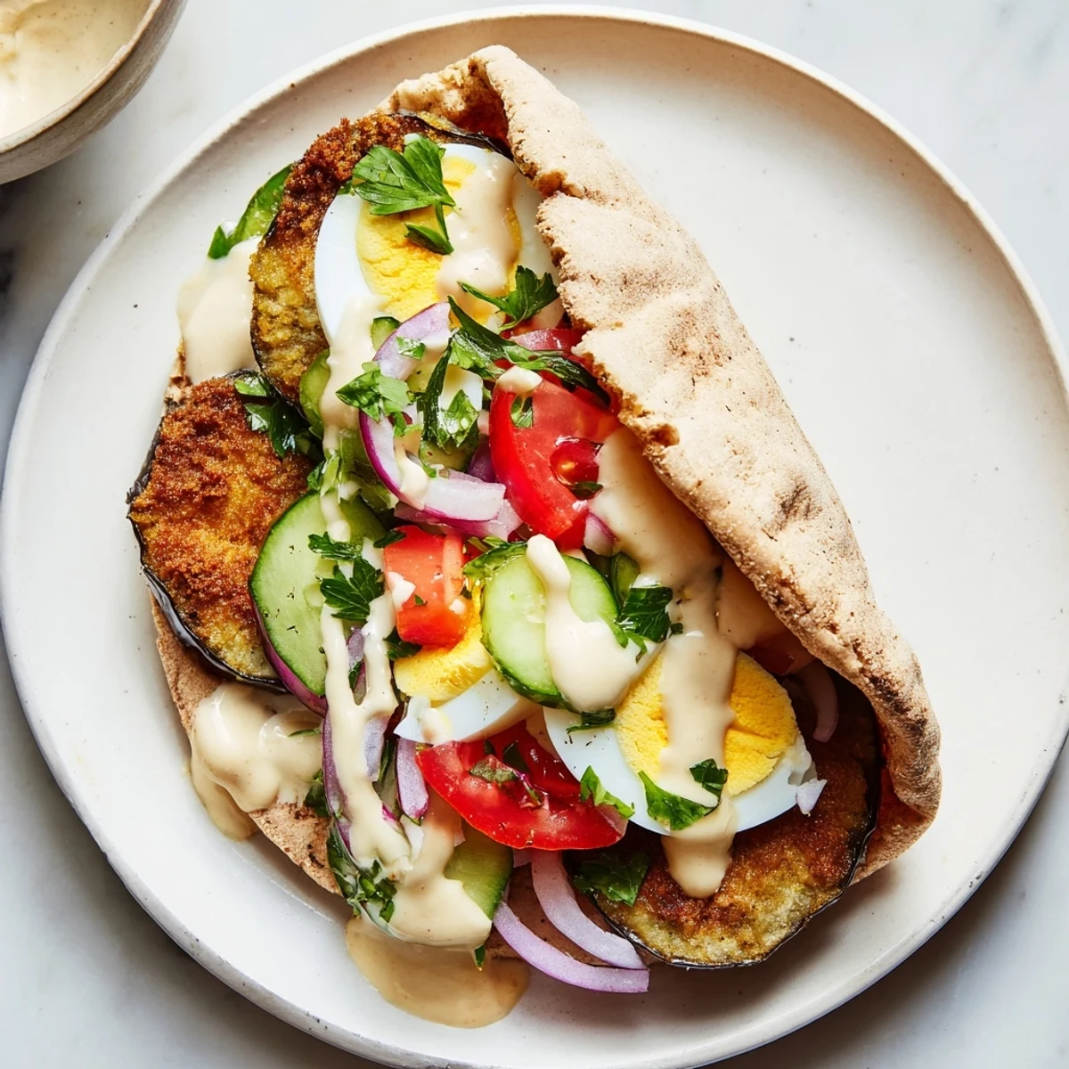 Golden-fried eggplant, creamy tahini, and fresh Israeli salad fill a delicious Sabich pita.