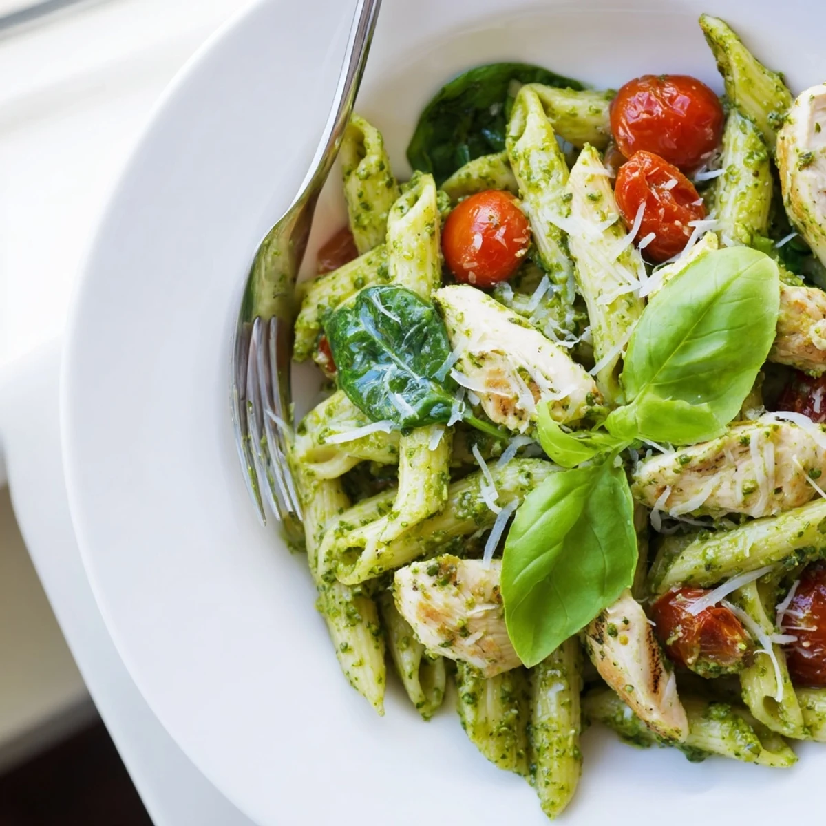 Freshly grilled chicken slices rest atop penne pasta coated in vibrant green basil pesto and garnished with cherry tomatoes.
