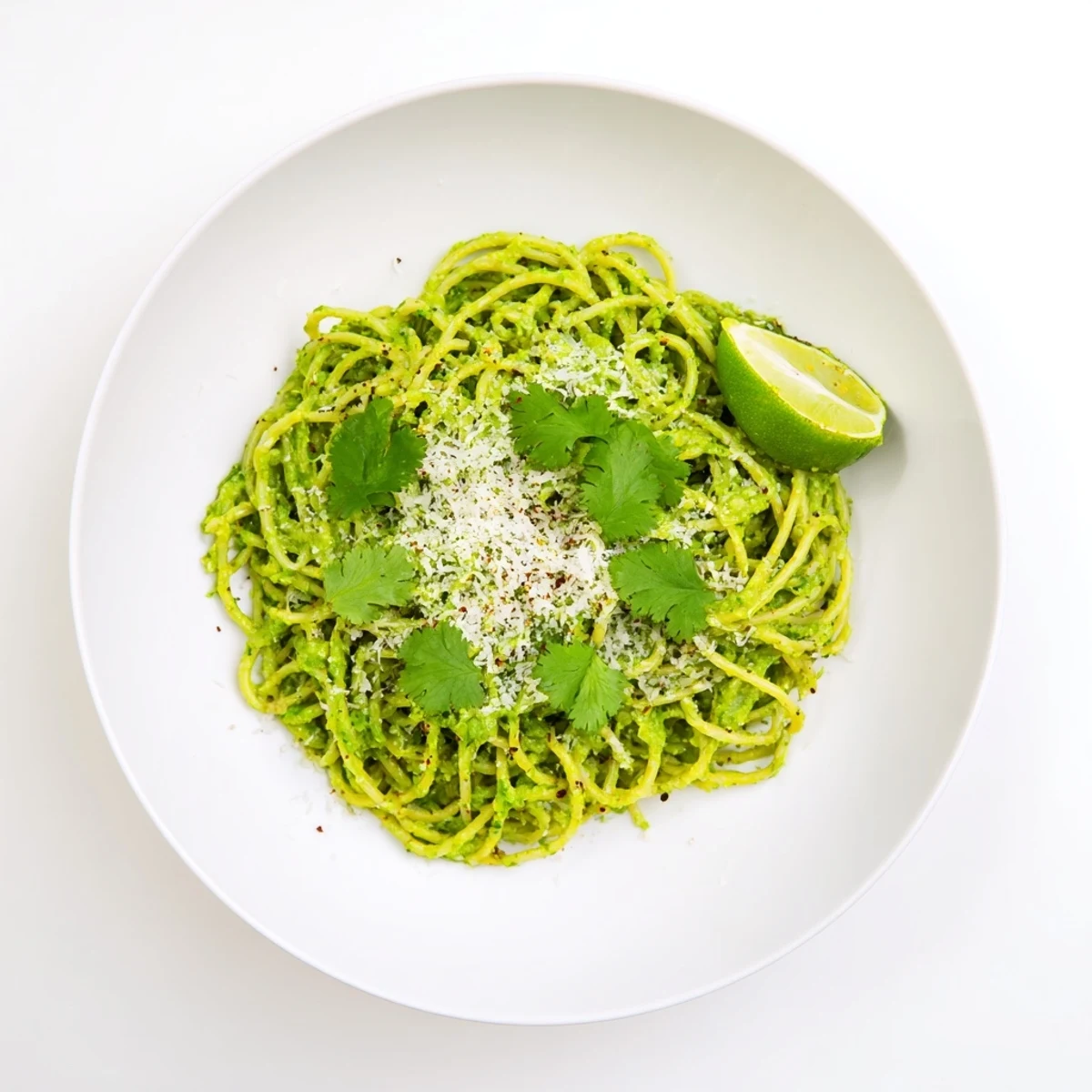Creamy smashed avocado pasta twirls on a fork, garnished with fresh basil, lime wedges, and a sprinkle of chili flakes for a zesty vegetarian dinner.