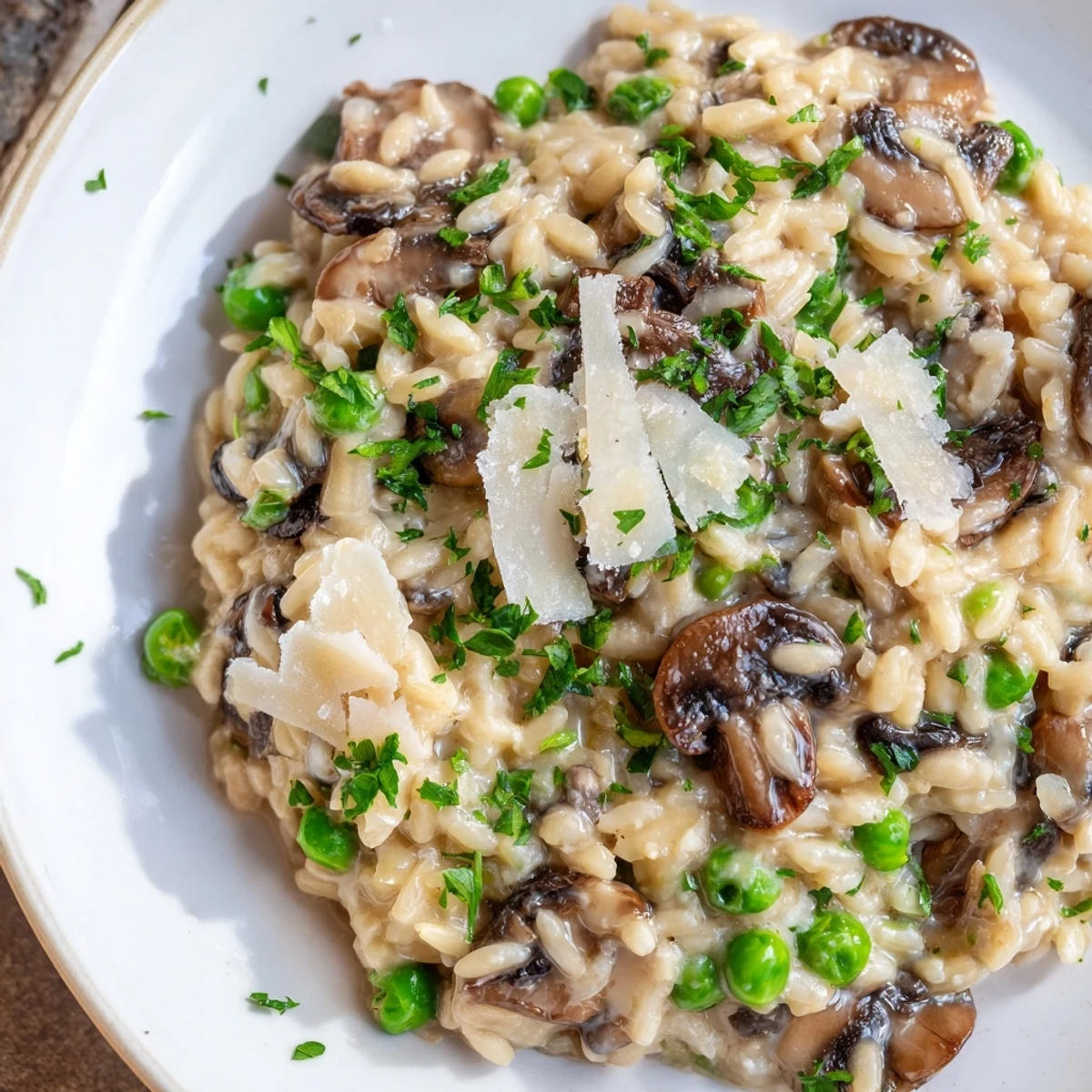 Steaming Orzo Mushroom Risotto-Style with earthy mushrooms and peas in a rustic ceramic bowl.  