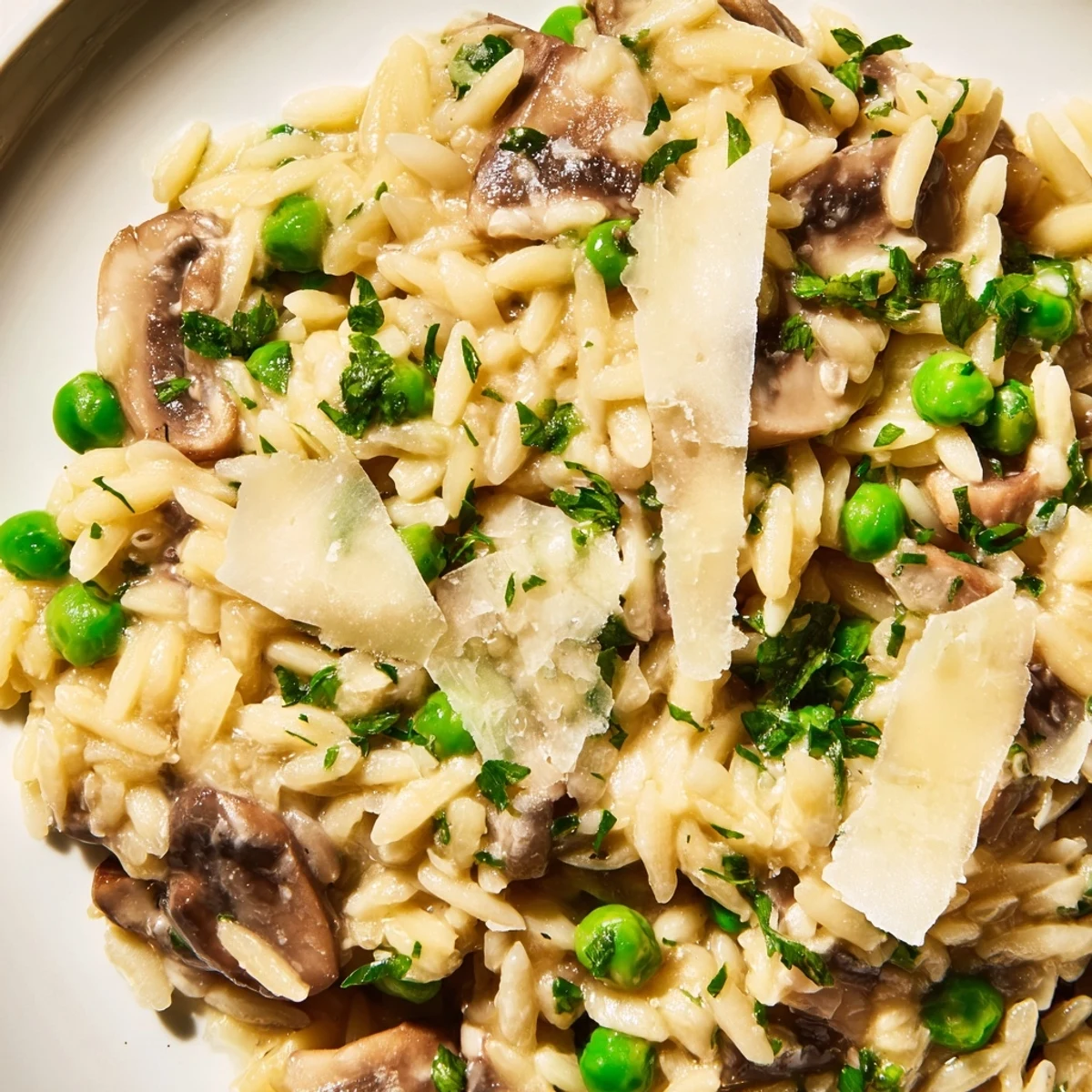 Creamy Orzo Mushroom Risotto-Style in a skillet, garnished with fresh parsley and Parmesan.  