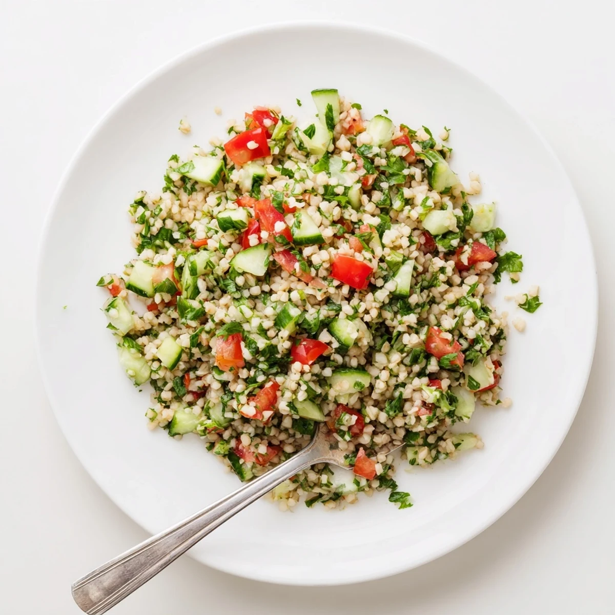 This vibrant Bulgur Wheat Salad Tabbouleh features a colorful mix of fresh parsley, diced tomatoes, and cucumber tossed in a zesty lemon dressing.
