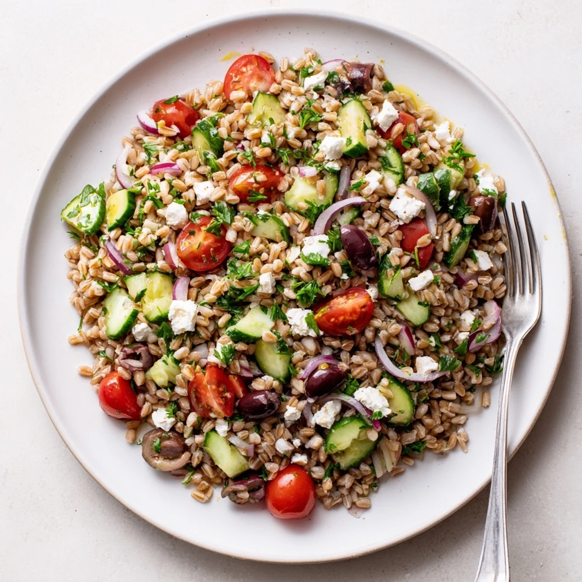 Bright Mediterranean farro salad with juicy tomatoes, crisp cucumber, and creamy feta, tossed in a zesty lemon-oregano dressing.  