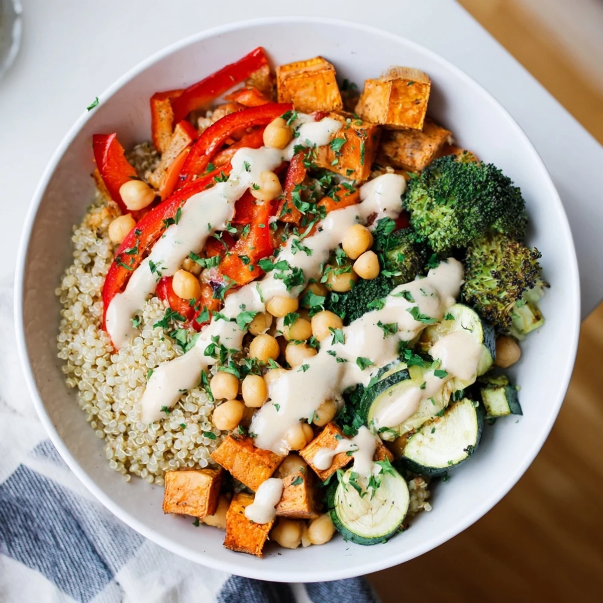 A close-up of a colorful Quinoa Buddha Bowl with roasted sweet potatoes, bell peppers, and creamy avocado slices, drizzled with tahini dressing.