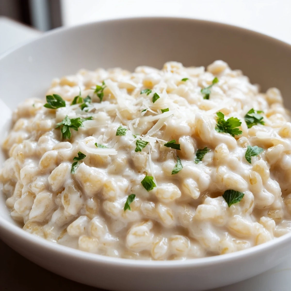 Pearled Barley Creamy Bowl topped with oven-roasted vegetables and fresh parsley.