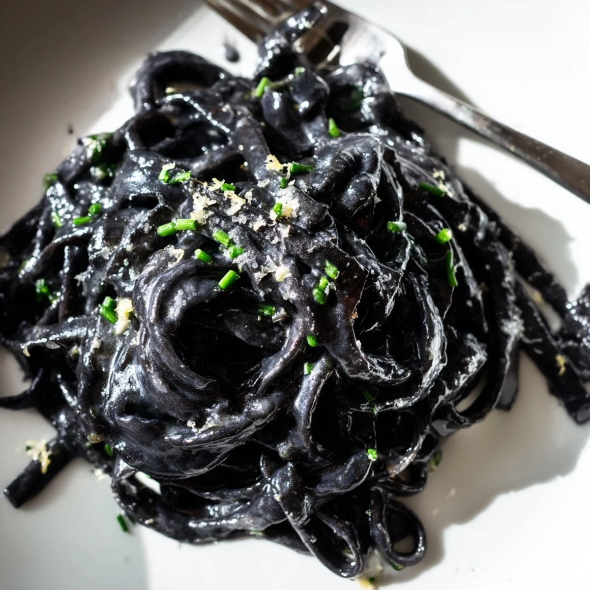 Glossy black squid ink pasta coated in silky cream sauce, garnished with fresh chives and lemon zest.