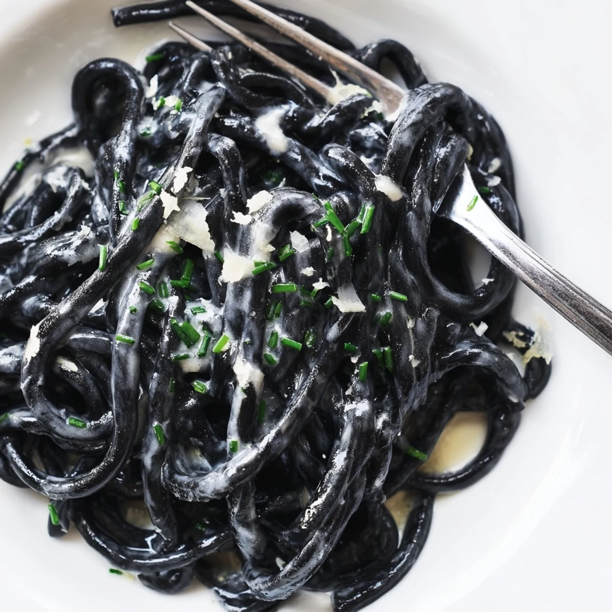 Luxurious squid ink pasta with a rich cream sauce, served with lemon wedges for a bright, tangy finish.