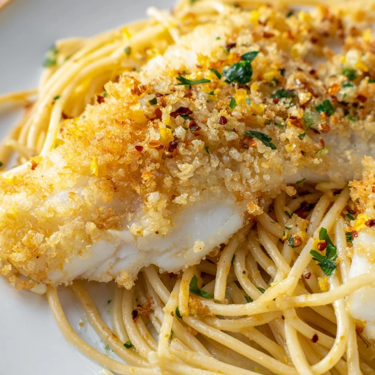 Golden, crispy fish flakes tossed with al dente spaghetti in a bright lemon herb sauce, served hot.