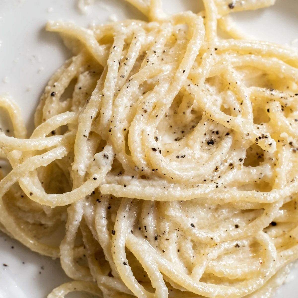 Creamy Spaghetti Cacio e Pepe glistens with freshly grated Pecorino Romano and cracked black pepper on a rustic Italian table.  