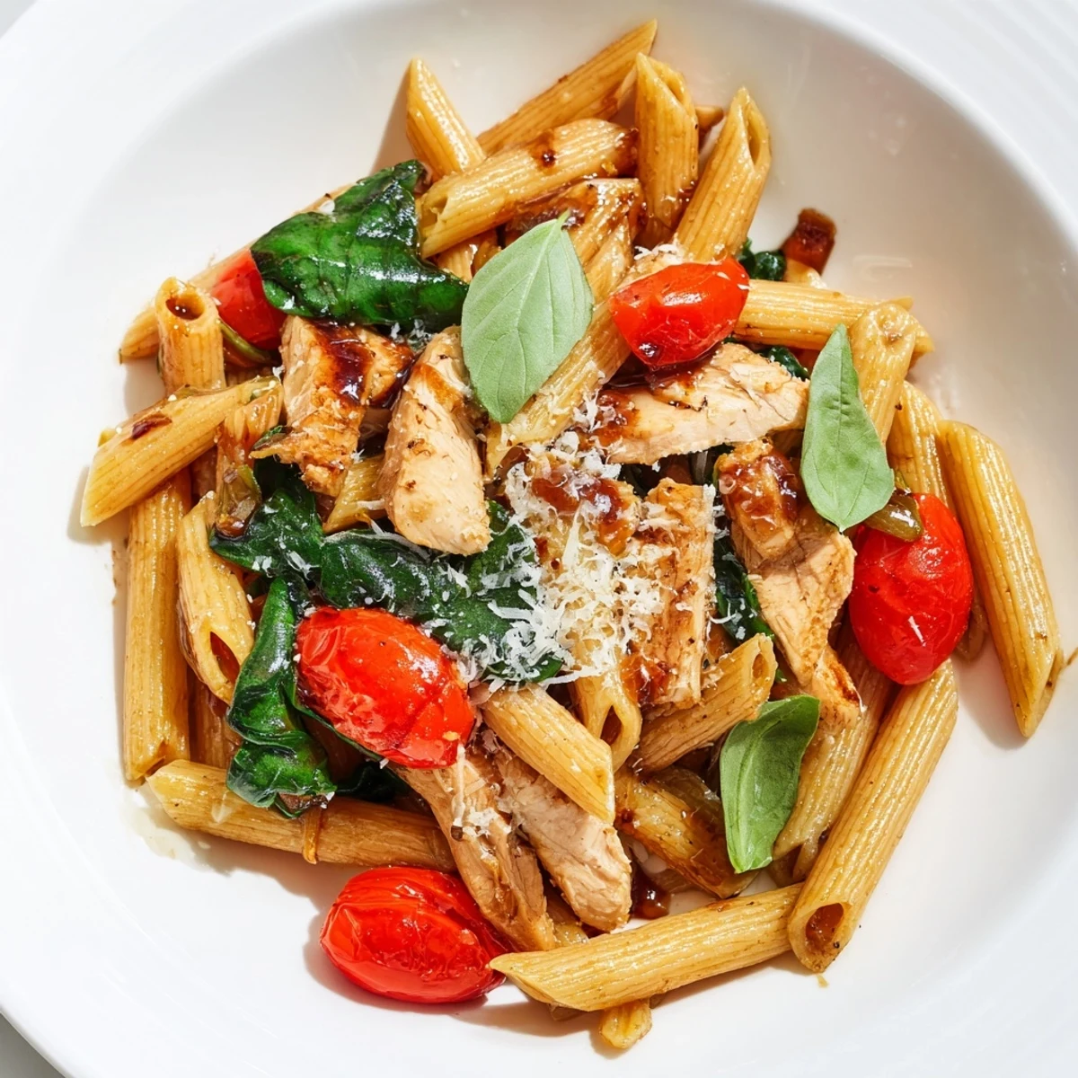 Ready-to-serve Balsamic Glazed Chicken Pasta, topped with Parmesan for a comforting family dinner.