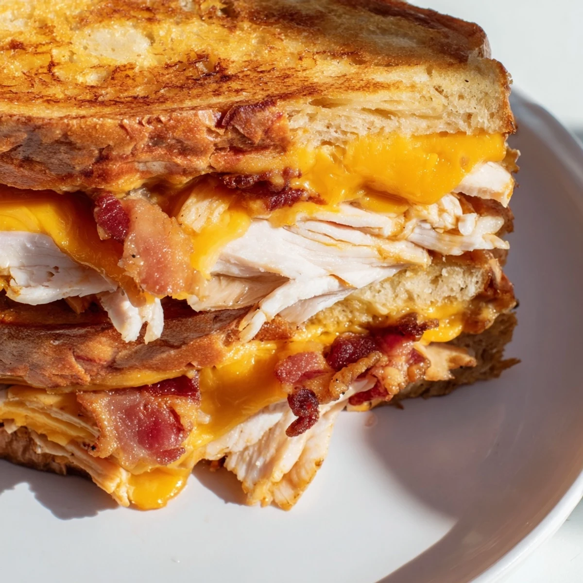 Golden-brown sourdough slices are pressed to melt cheddar over layers of roasted turkey, crispy bacon, fresh lettuce, and ripe tomato in this Turkey Club Grilled Cheese.