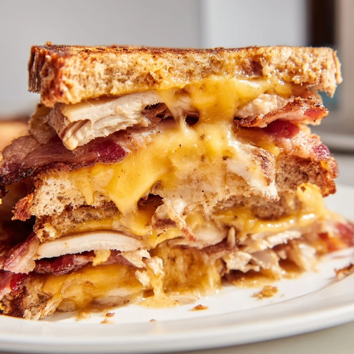 A close-up of the Turkey Club Grilled Cheese shows melted Swiss cheese oozing from buttery sourdough, stacked with smoky bacon and juicy tomato slices on a plate.