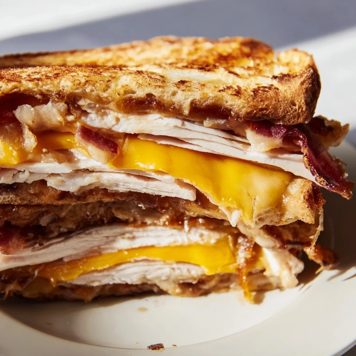 Golden, crispy halves of Turkey Club Grilled Cheese reveal a generous filling of turkey, bacon, lettuce, and tomato, served warm on a rustic kitchen counter.