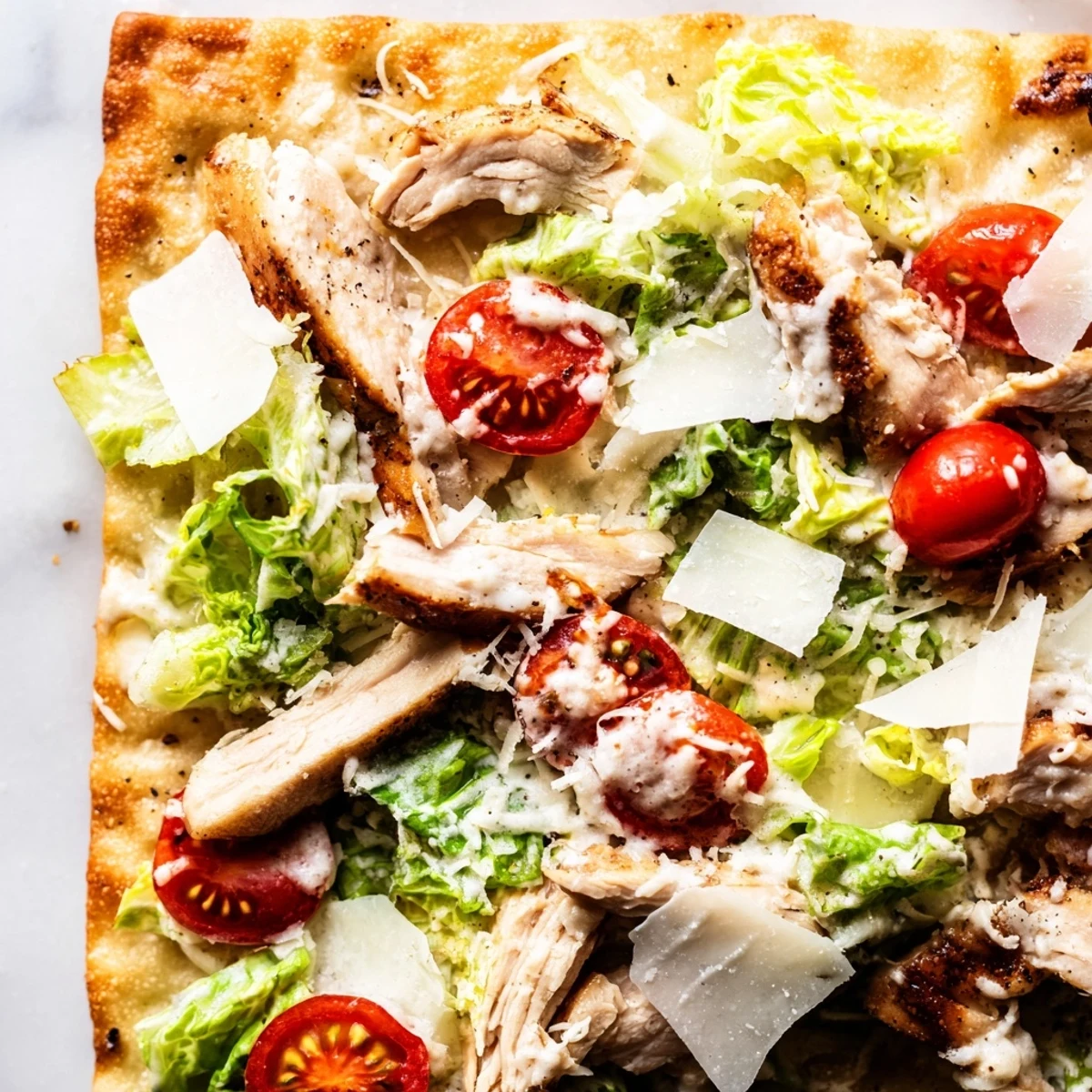 Caesar Chicken Flatbread topped with juicy chicken, crisp lettuce, and shaved Parmesan on a golden crust.  