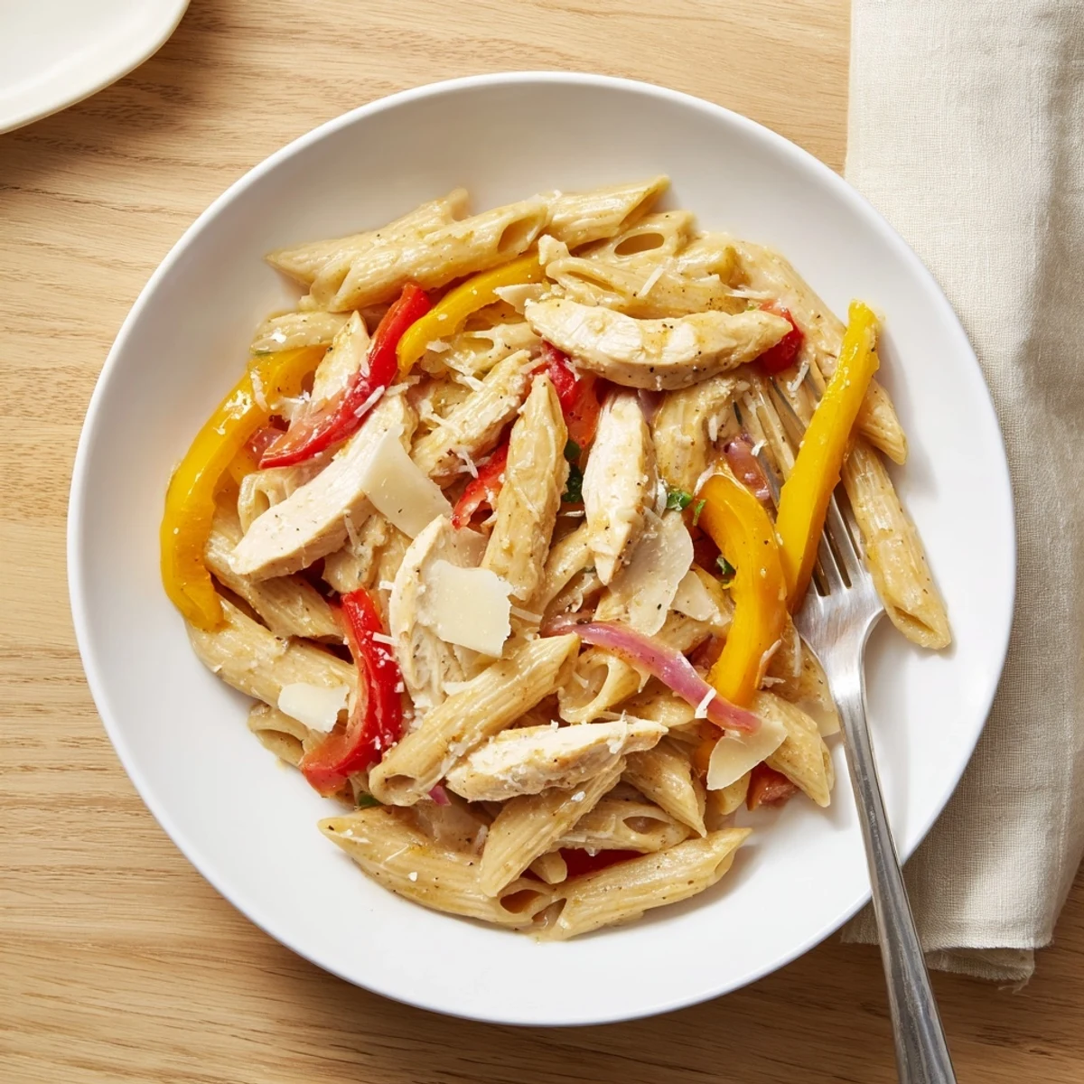 Steaming plate of Creamy Cajun Chicken Pasta Lite, featuring whole wheat penne and tender chicken in a lighter, Cajun-inspired cream sauce.
