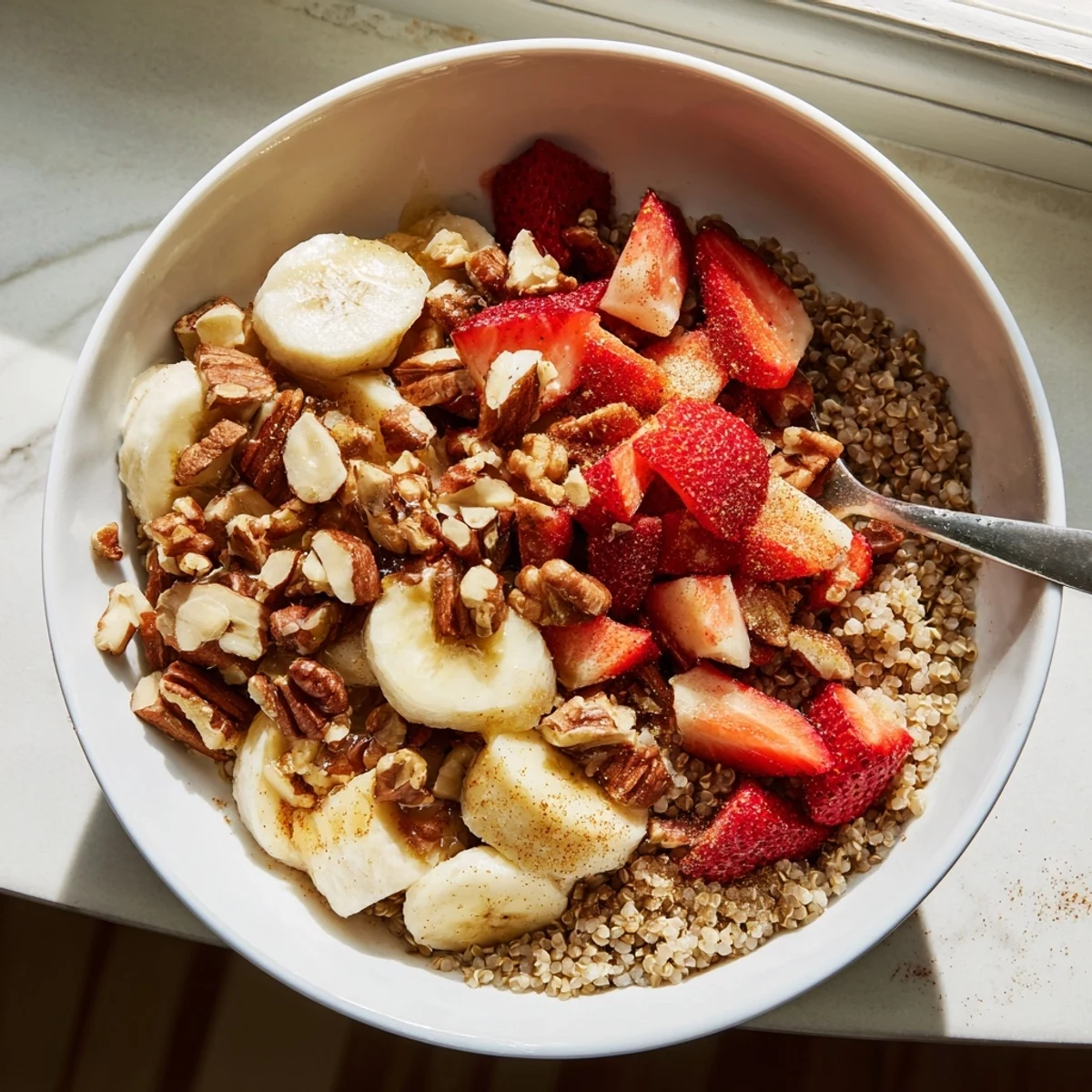 Nutty Buckwheat Groats Breakfast plated with colorful fruit and chopped walnuts, offering a gluten-free, nutritious start to your busy day.