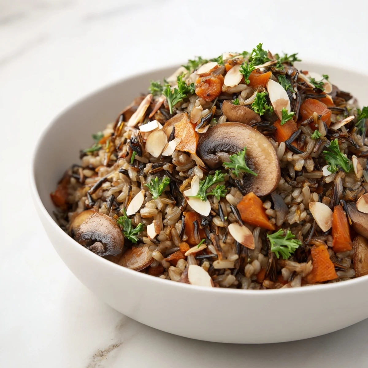 A close-up of sautéed cremini mushrooms, diced carrots, and celery folded into nutty wild rice pilaf.