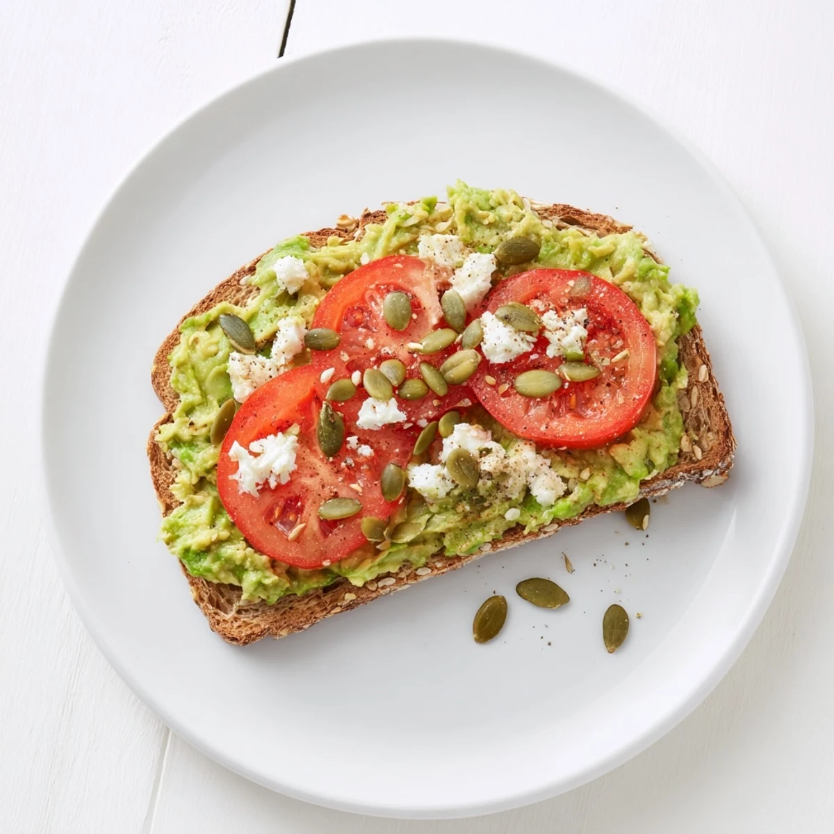 Hearty avocado toast on whole grain bread, garnished with fresh feta and a sprinkle of black pepper.