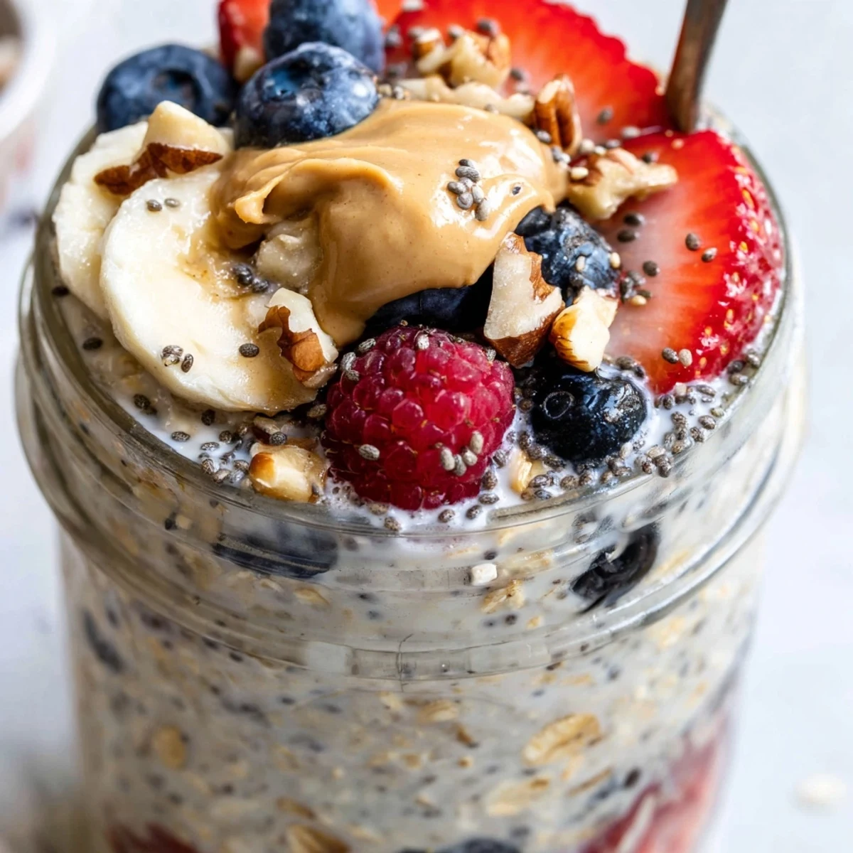 A jar of Overnight Oats with Chia Seeds layered with creamy Greek yogurt, fresh blueberries, and sliced bananas for a healthy breakfast.