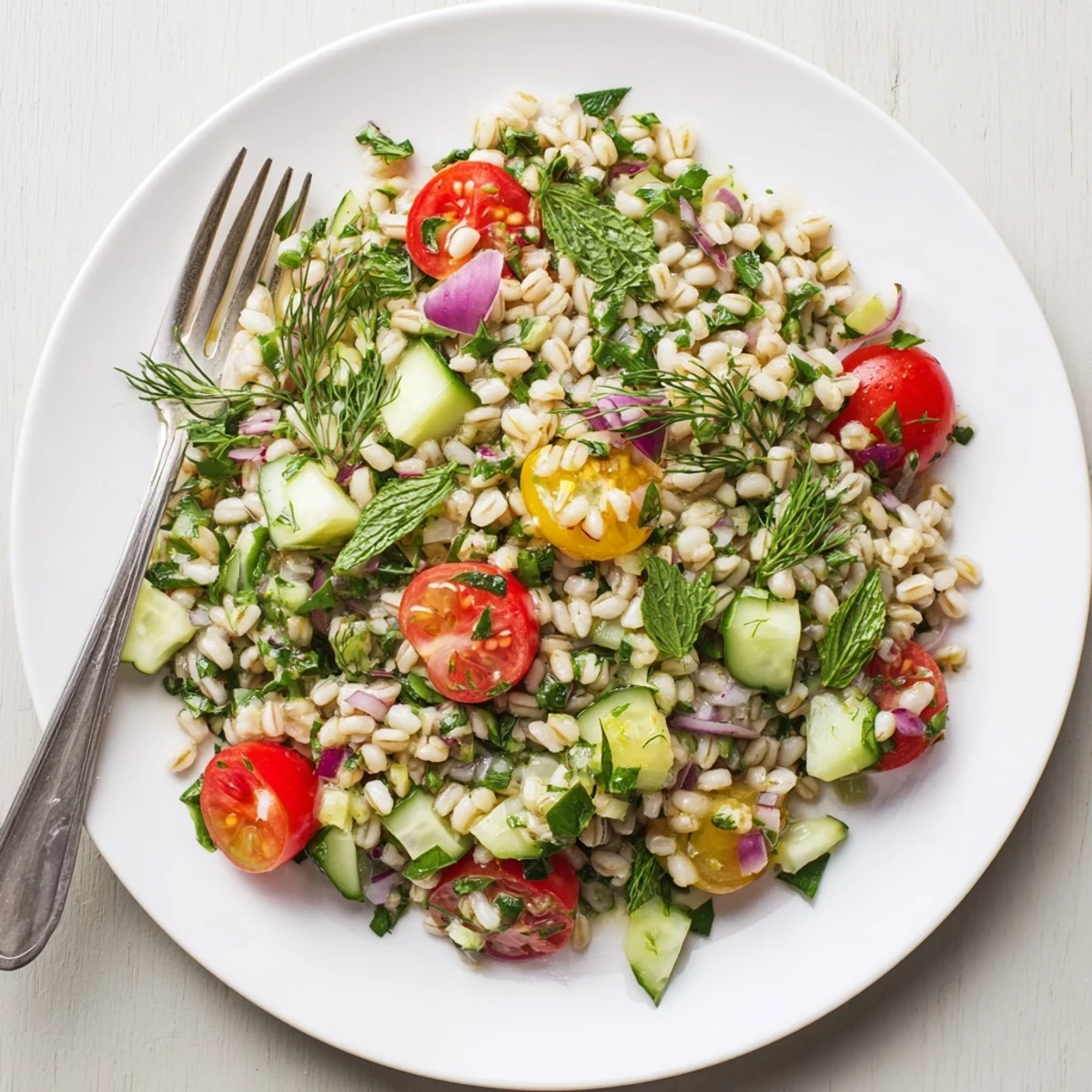 A rustic bowl of Barley and Herb Salad highlights diced cucumbers, red onion, and fresh herbs over nutty grains, ideal for a healthy meal.