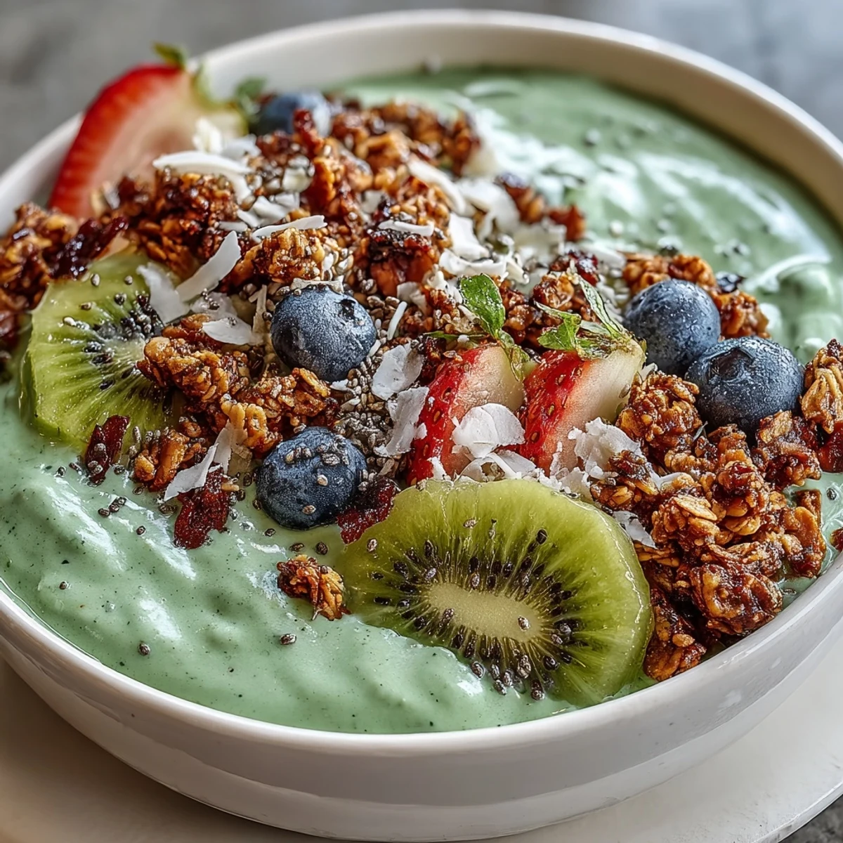 Vibrant green smoothie bowl topped with fresh fruit and crunchy granola.