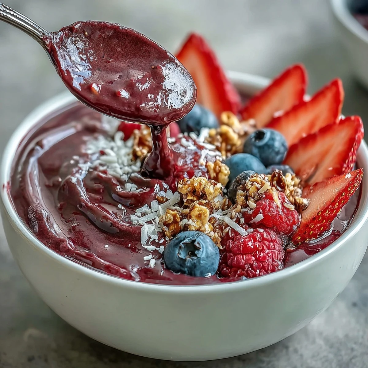 Vibrant Acai Berry Smoothie Bowl bursting with fresh fruit and crunchy granola.