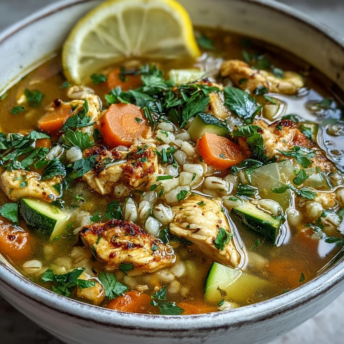A close-up of Soothing Turmeric Chicken With Pearl Barley, featuring tender chicken and vibrant vegetables in a golden broth, steaming in a rustic bowl.