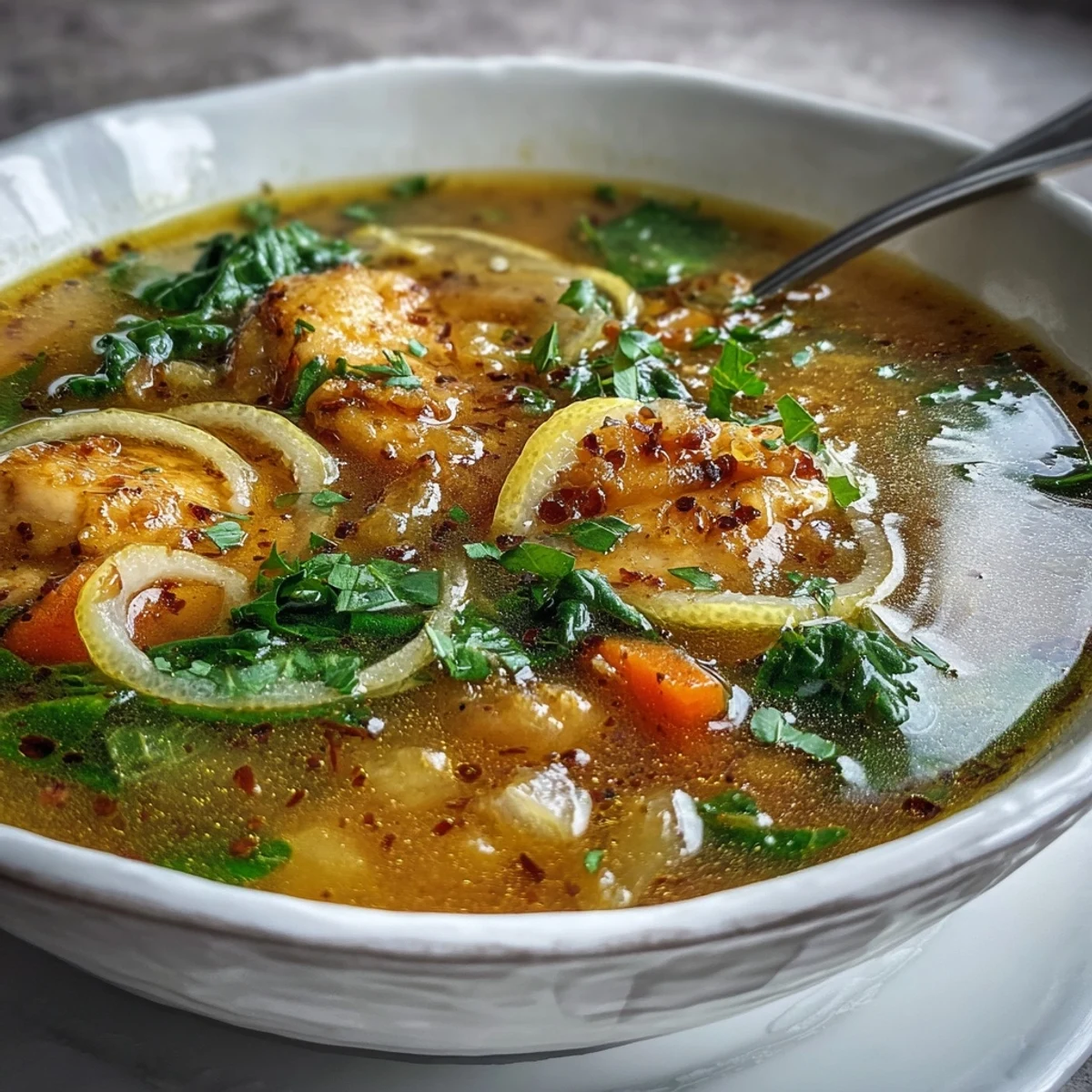 A steaming bowl of High Protein Lemon and Turmeric Chicken Soup with carrots and celery in a rustic setting.