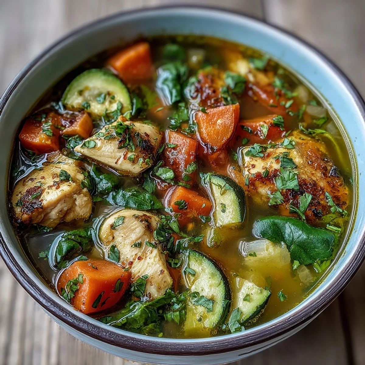 A spoon lifting a serving of Turmeric Chicken Soup from a rustic wooden table. 
