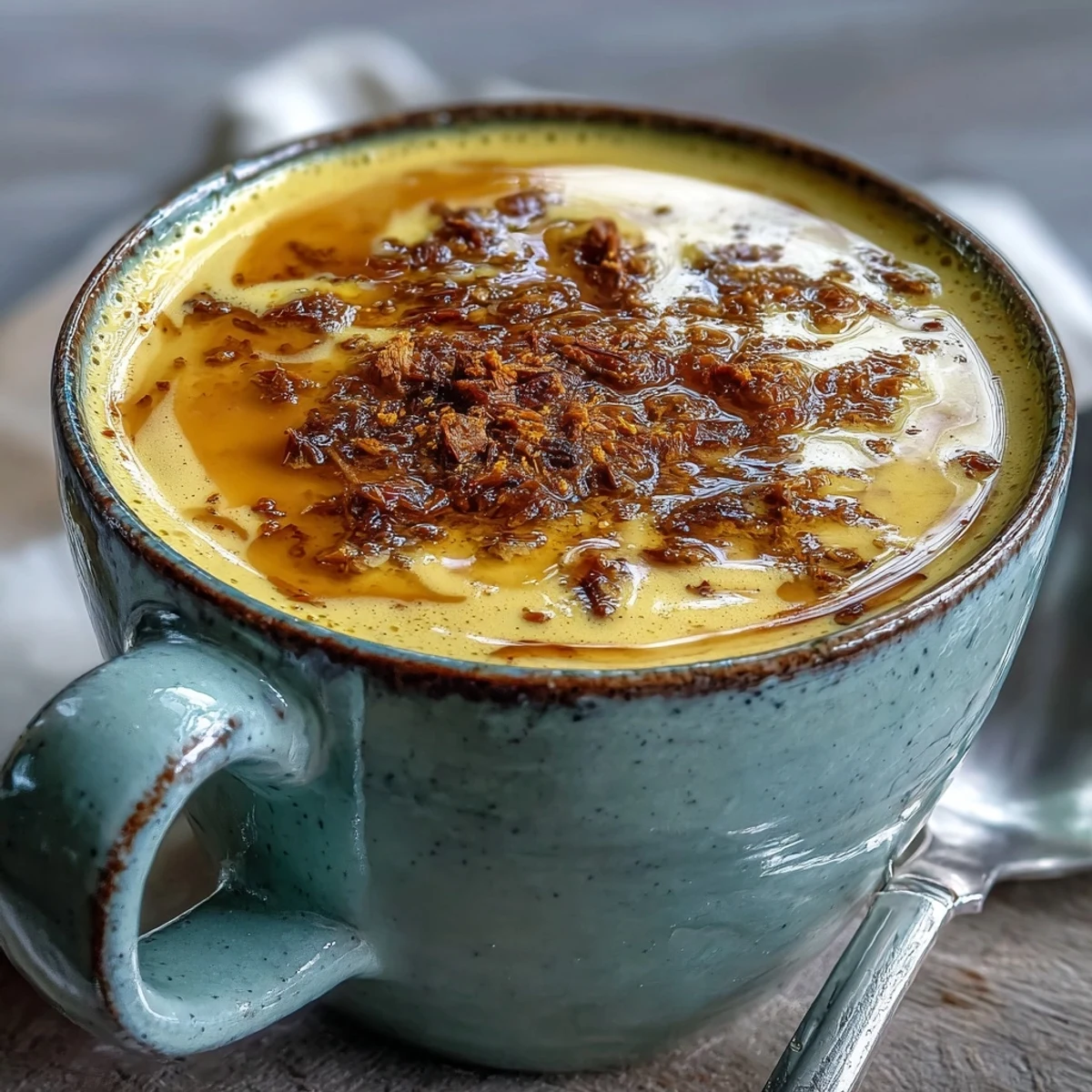 Golden-hued Turmeric and Ginger Golden Milk steaming in a clear glass mug, topped with a cinnamon stick and a light dusting of spice.