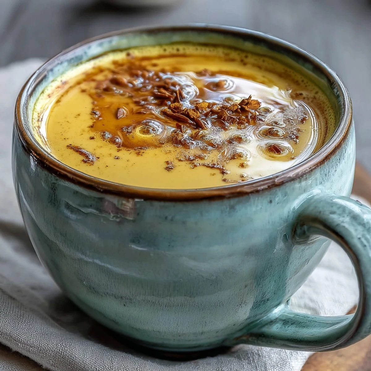 A warm mug of Turmeric and Ginger Golden Milk sits beside fresh ginger root, turmeric powder, and a jar of honey.
