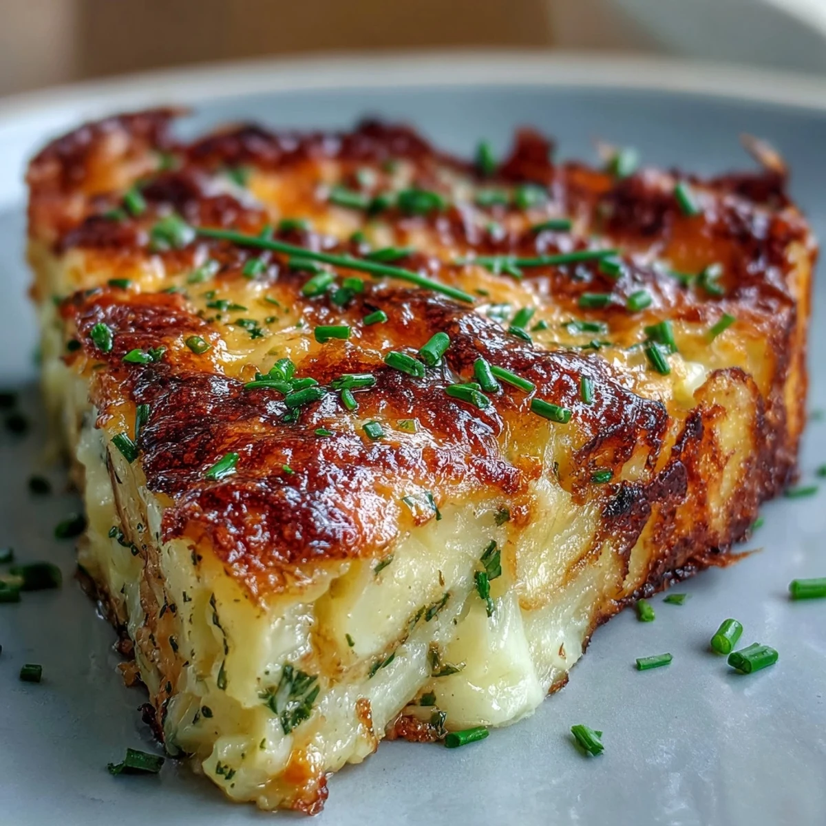 Layered, comforting Cheese and Potato Pie with tender potato slices and onions in a rich creamy sauce.