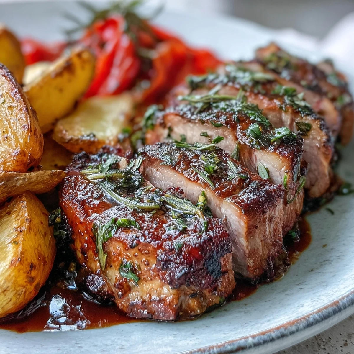 Sliced marinated Ibérico pork fillet with roasted potatoes and red peppers on a rustic plate, drizzled with pan juices.