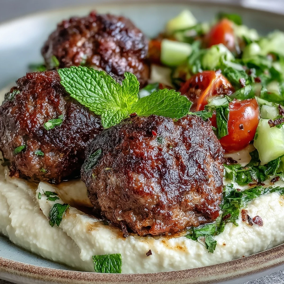 Golden-brown venison meatballs with spiced salad and hummus are plated on a rustic wooden table.