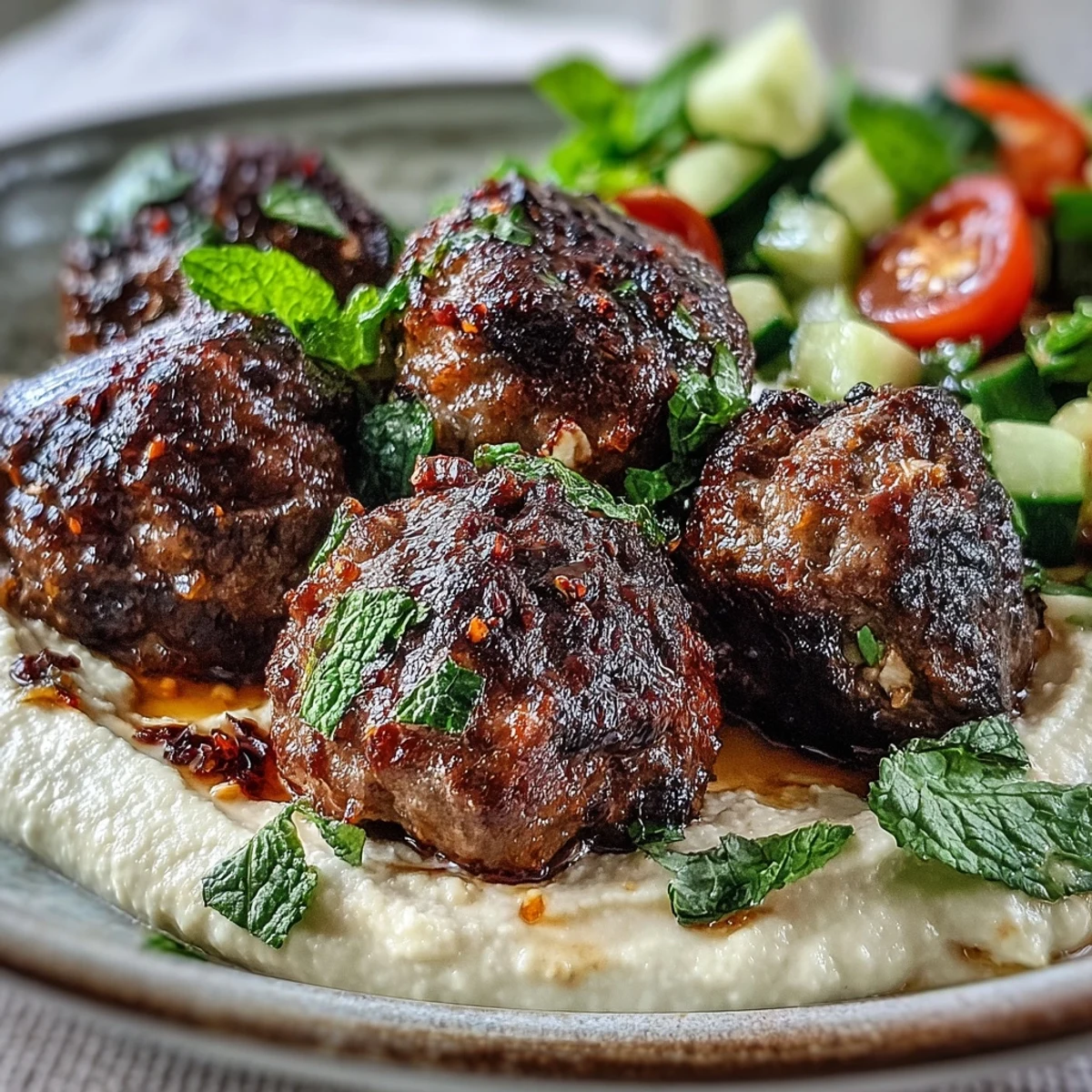 Plate of juicy venison meatballs, spiced salad, and hummus, perfect for a healthy dinner.