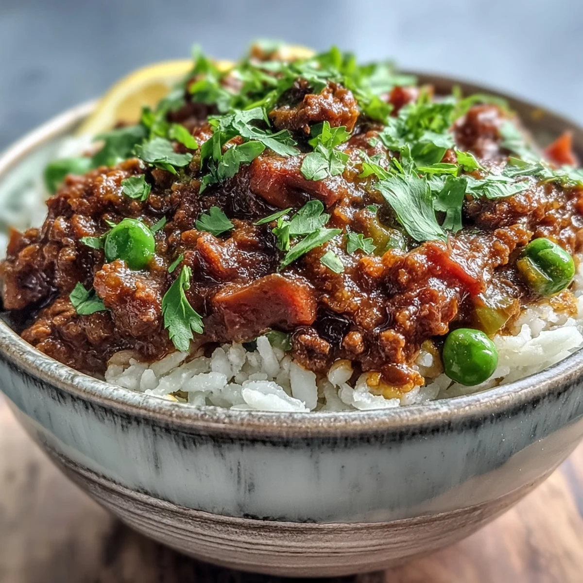 Close-up on a plate of Venison Keema Curry, highlighting the juicy ground venison and aromatic spices, with a side of warm naan bread for dipping.