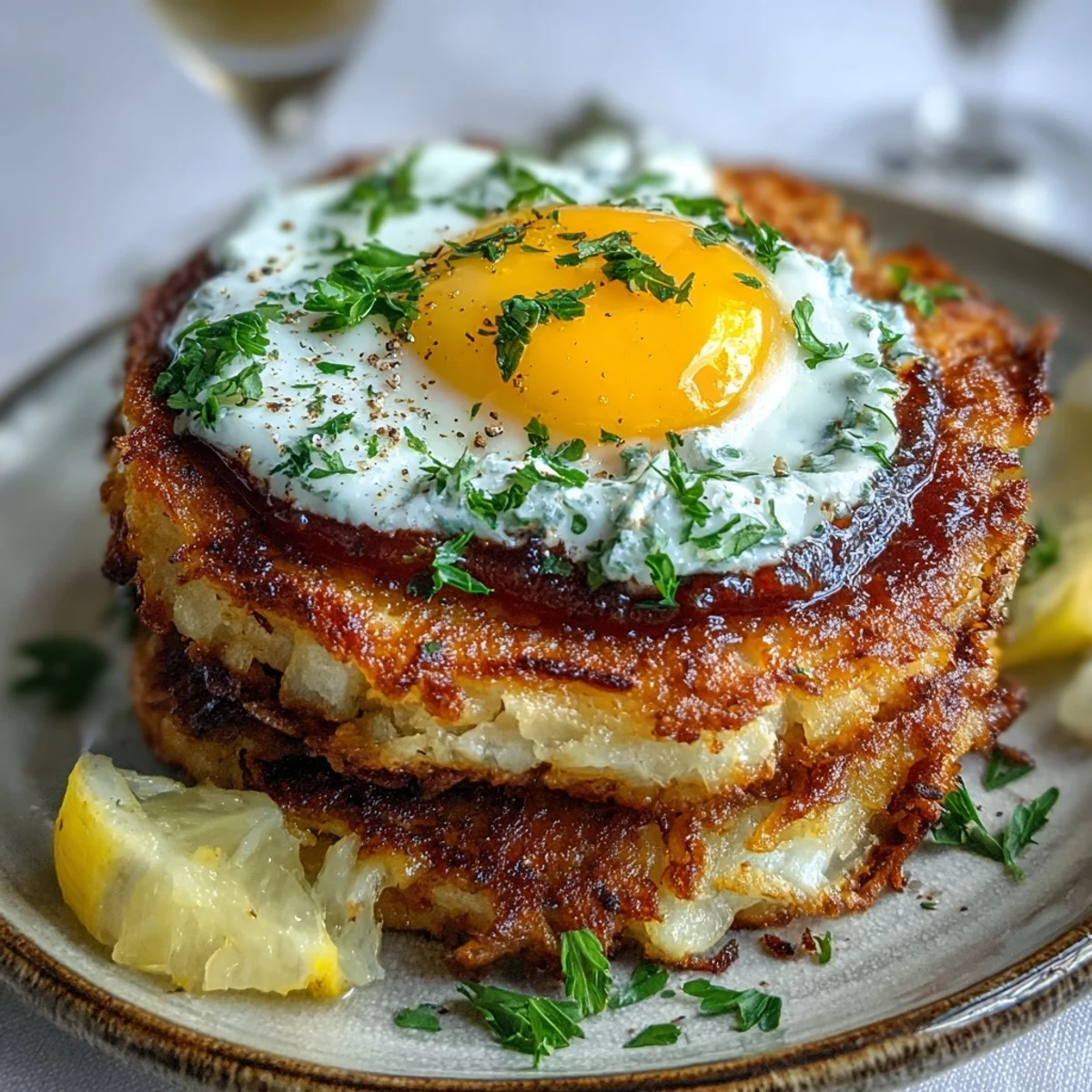 A close-up of perfectly fried eggs resting on crunchy celeriac rösti with a drizzle of lemony harissa yogurt.