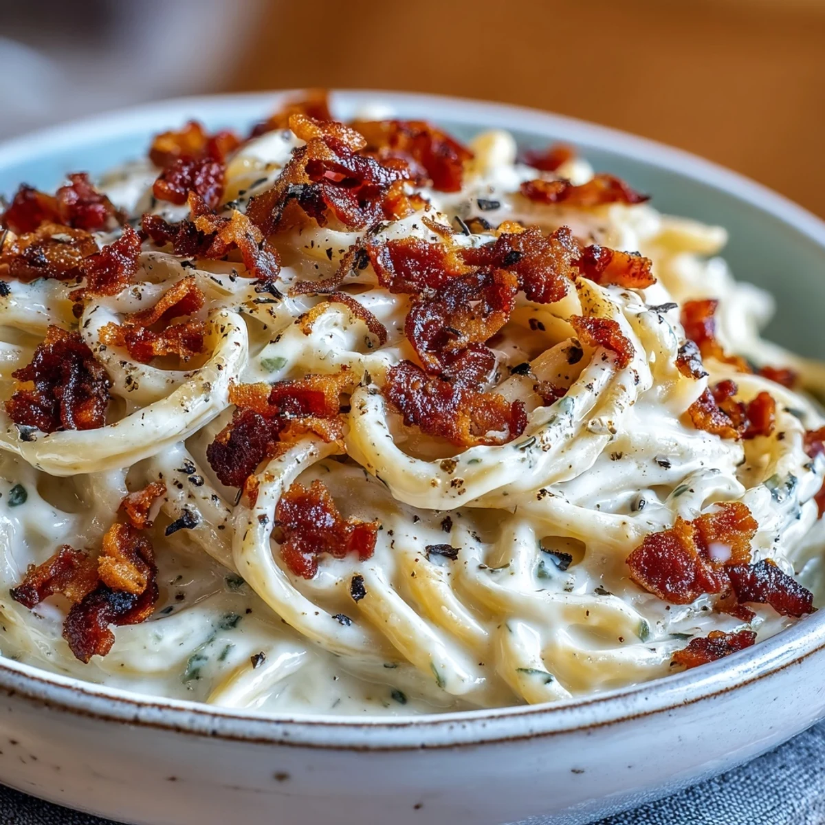 Spiralized celeriac noodles tossed in creamy egg-Parmesan sauce with crispy pancetta, served hot.
