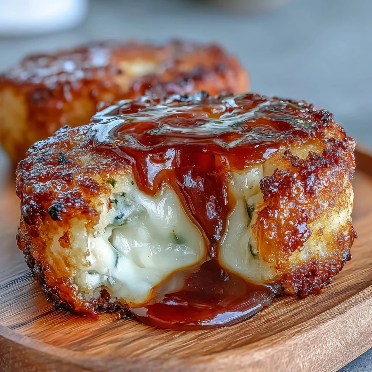 Crispy-edged Chīzu Imomochi bites coated in sticky sweet glaze, garnished with sesame seeds and ready to serve on a ceramic platter for a party.
