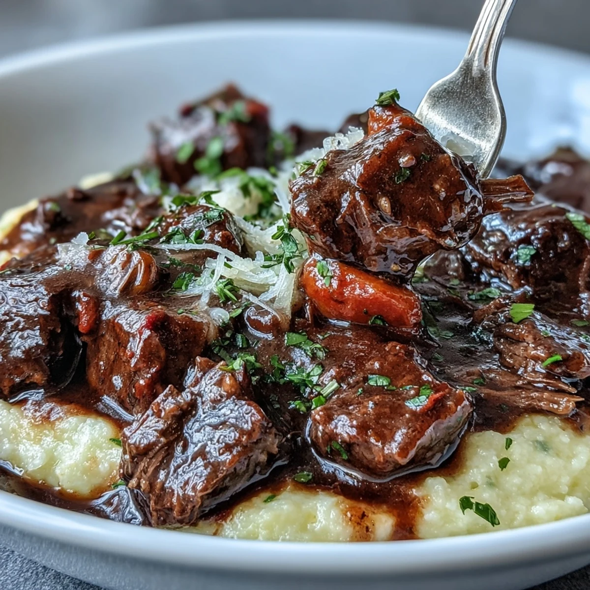 Creamy polenta topped with rich venison stew with Sloe Gin, slow-simmered with aromatic herbs and vegetables.