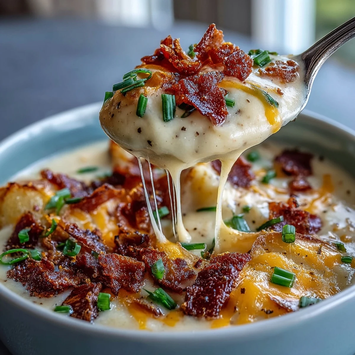Creamy Loaded Potato Soup topped with crispy bacon, melted cheddar, and fresh green onions in a rustic bowl.