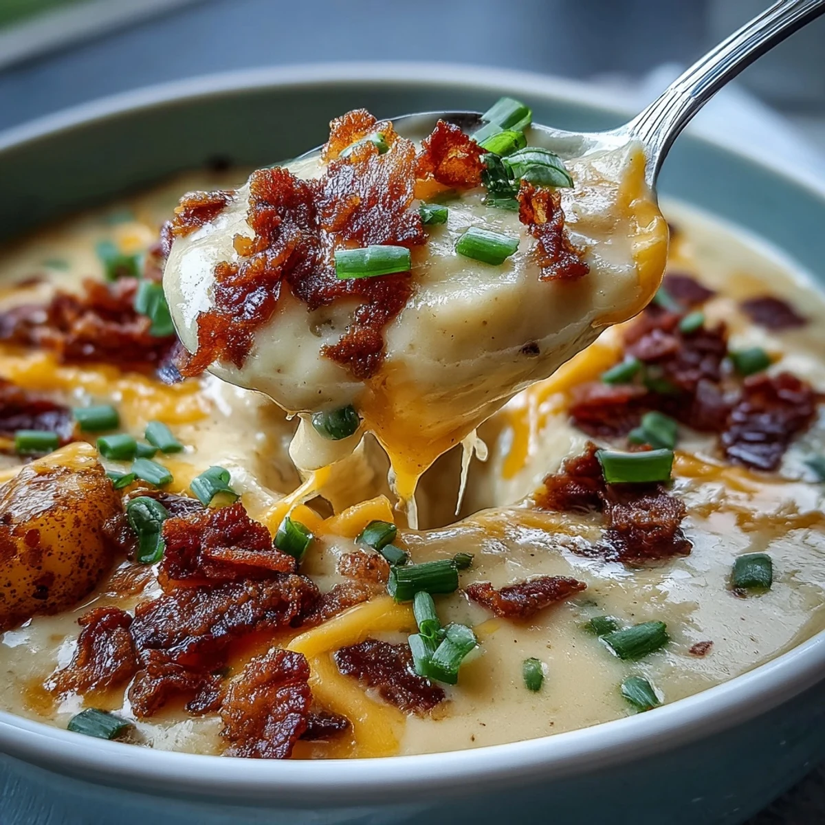 A ladle of rich Loaded Potato Soup is poured over a bowl with extra cheese and bacon bits.