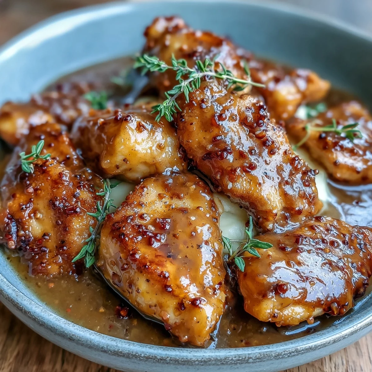 Slow Cooker Honey Mustard Chicken served over rice with a spoon drizzling extra velvety sauce.
