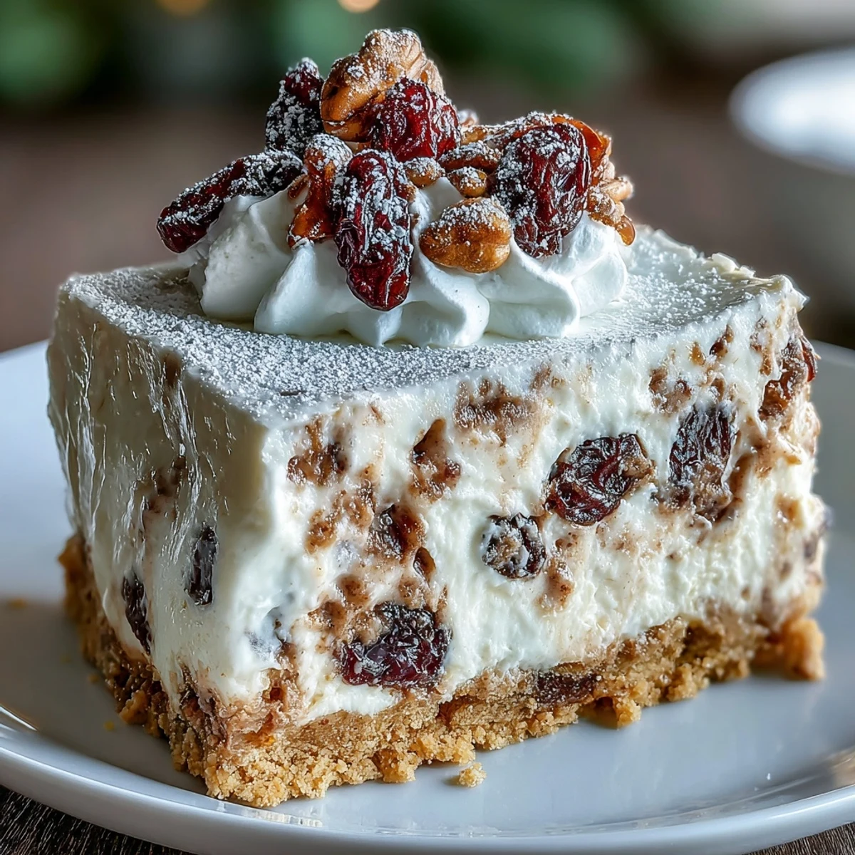 Decadent Christmas Cheesecake Slab with a crunchy biscuit base and rich cream cheese filling.