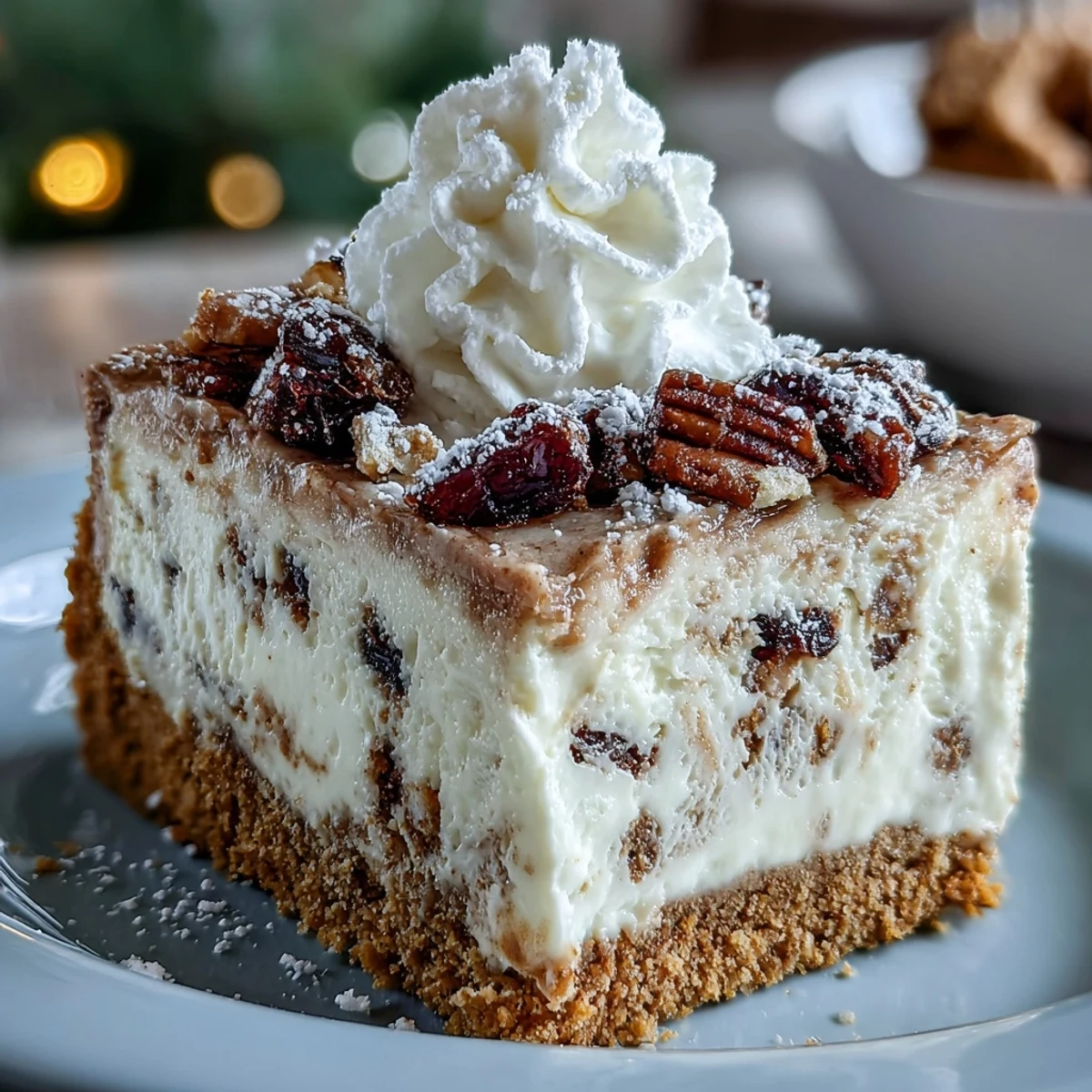 Slices of festive Christmas Cheesecake Slab topped with whipped cream and snowy icing sugar dust.