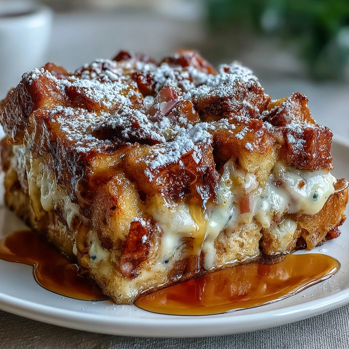 Golden-brown Monte Cristo Breakfast Casserole, topped with powdered sugar and maple syrup in a white dish.