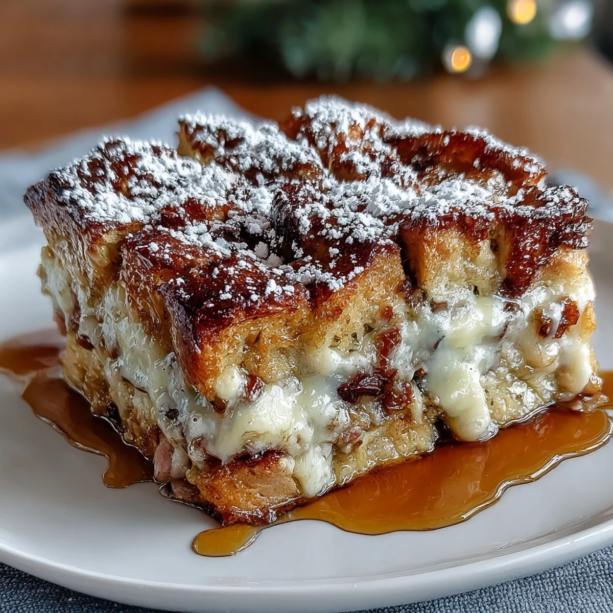 Slices of Monte Cristo Breakfast Casserole reveal layers of ham, turkey, and Swiss cheese on a plate.