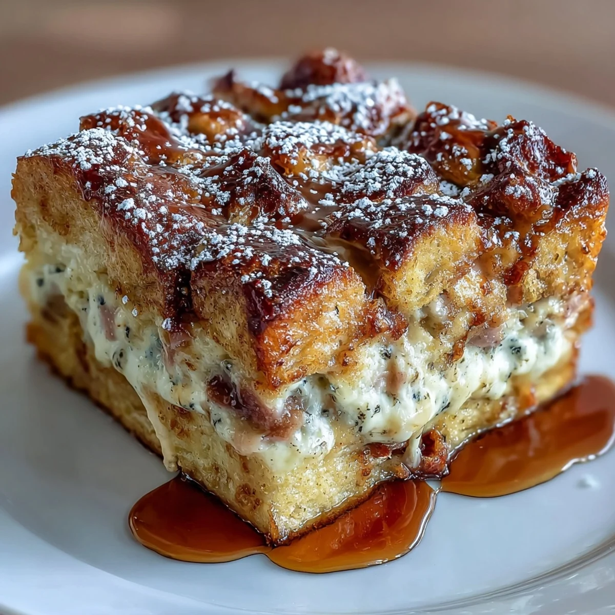 Layered Monte Cristo Breakfast Casserole with cinnamon-vanilla soaked bread, ready to serve with fresh berries.
