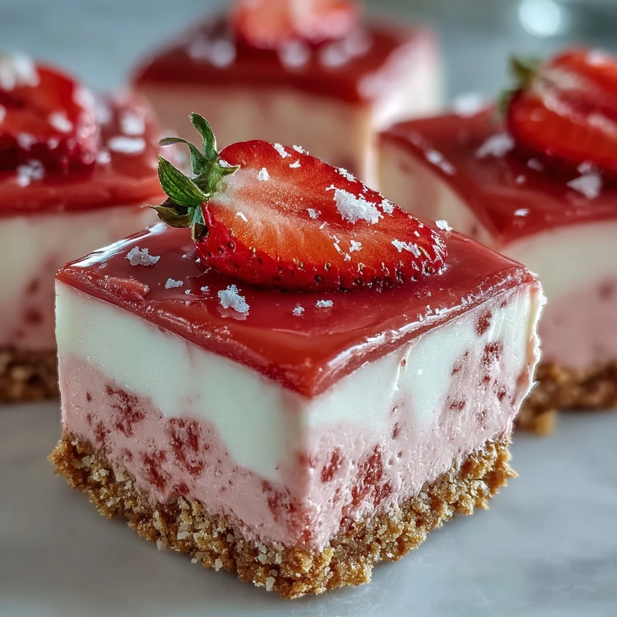 No-Bake Strawberry Fudge Squares are cut into neat pink squares with fresh strawberry garnish on a chilled tray.