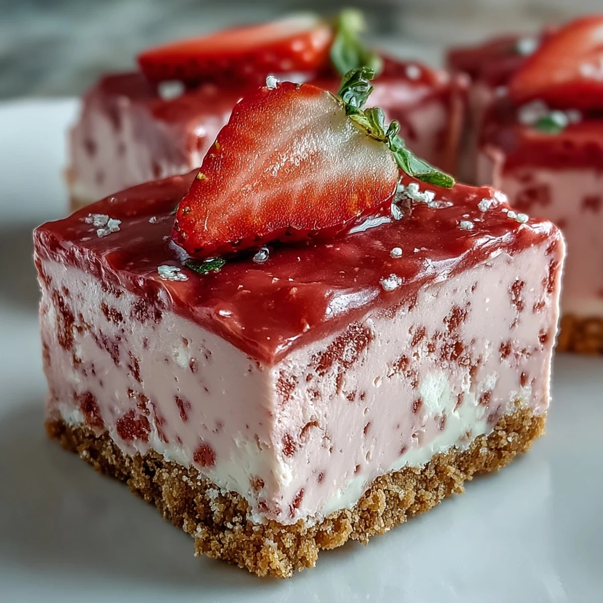 No-Bake Strawberry Fudge Squares rest on a crunchy graham crust with creamy white chocolate and tangy berry swirls.